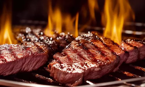 Steaks on grill fire